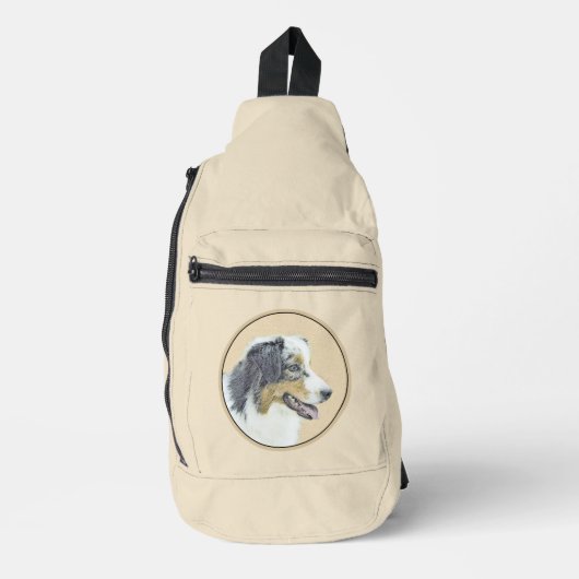 オーストラリアのシェパード絵を描ブラック・トリの犬アート スリングバッグ (正面)