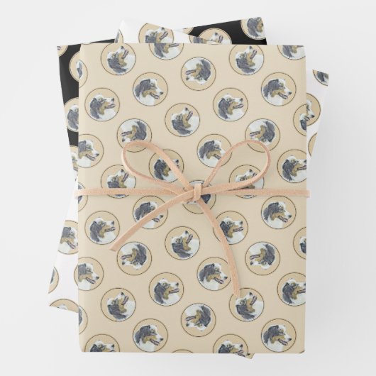 オーストラリアのシェパード絵を描ブラック・トリの犬アート ラッピングペーパーシート (インサイチュ)