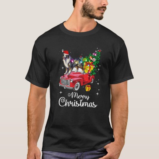 オーストラリアのシェプドッグ乗り赤トラックのクリスマスおもしろい Tシャツ (正面)