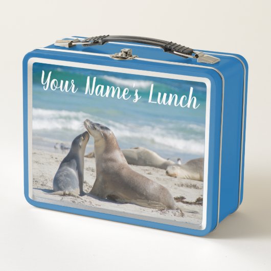 オーストラリアのシーライオンとベビーオンザビーチ メタルランチボックス (正面)
