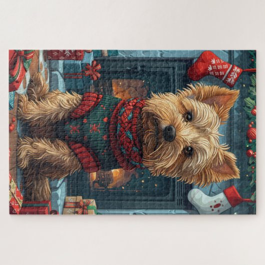 オーストラリアのテリアとクリスマスプレゼント暖炉 ジグソーパズル (横)