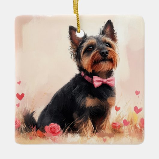 オーストラリアのテリアとバラ – バレンタインデー セラミックオーナメント (正面)