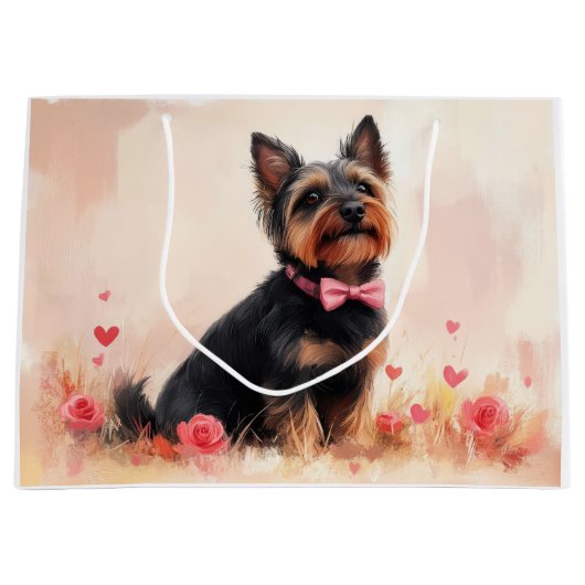 オーストラリアのテリアとバラ – バレンタインデー ラージペーパーバッグ (正面)