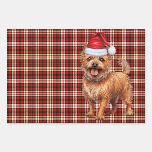 オーストラリアのテリアのクリスマスドッグレッド・プレイド ラッピングペーパーシート (正面2)