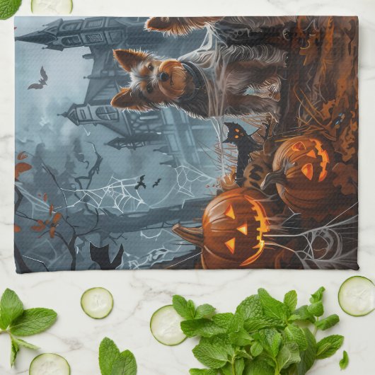 オーストラリアのテリアハロウィーンナイトドギー喜び キッチンタオル (折り畳み)