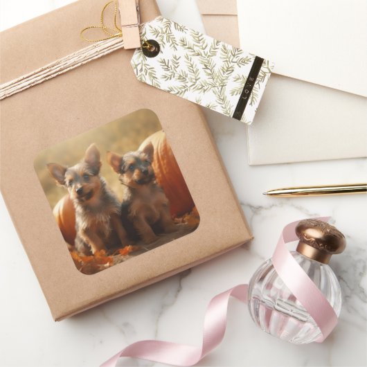 オーストラリアのテリアパピー秋の喜びカボチャ スクエアシール (ギフト)