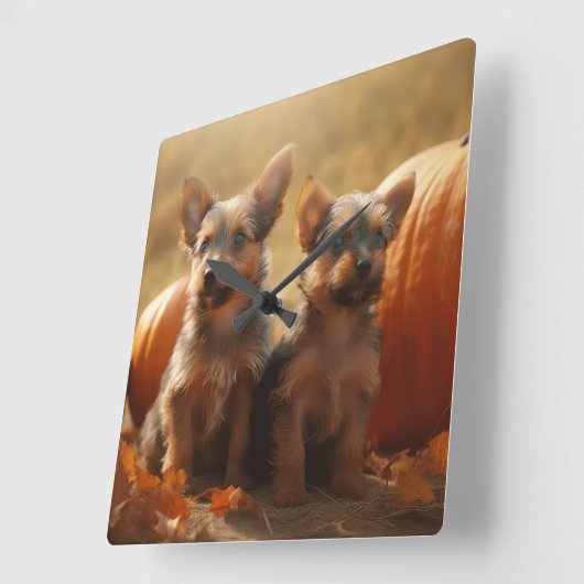 オーストラリアのテリアパピー秋の喜びカボチャ スクエア壁時計 (傾斜)