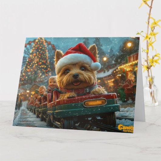 オーストラリアのテリア犬ローラーコースターのクリスマス カード (黄色い花)