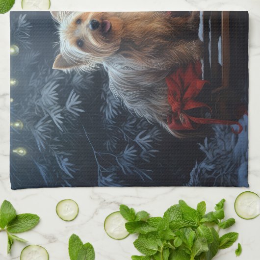 オーストラリアのテリア雪そりのクリスマスデコール キッチンタオル (折り畳み)