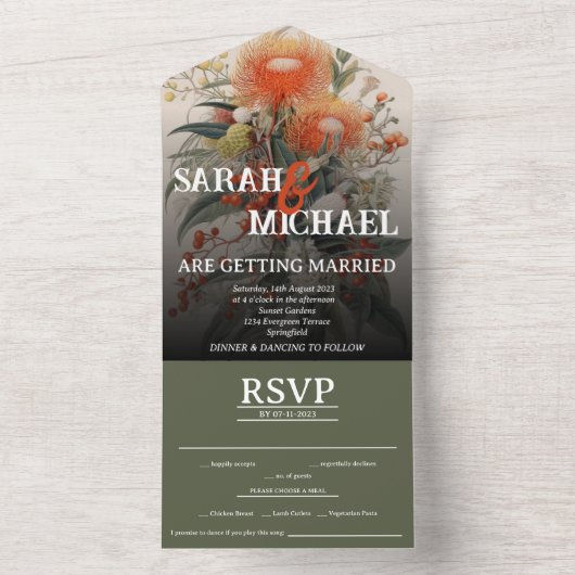 オーストラリアのボタニカル・ワタリア オールインワン招待状 (内側)