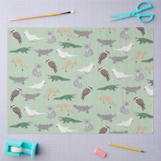 オーストラリアの先住民動物ユーカリ緑のパターン 薄葉紙 (クラフト)