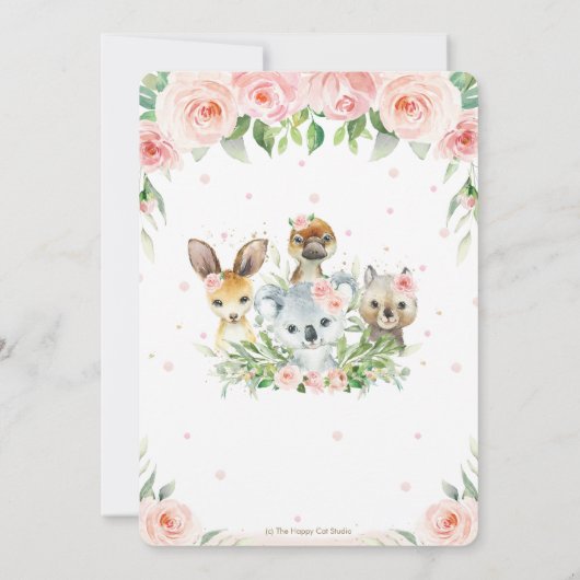 オーストラリアの動物がピンク色の赤面フローラのベビーシャワー 招待状 (裏面)