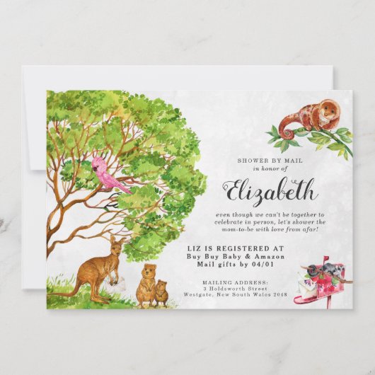 オーストラリアの動物たちがメールでベビーシャワーを浴びる招待状 招待状 (正面)