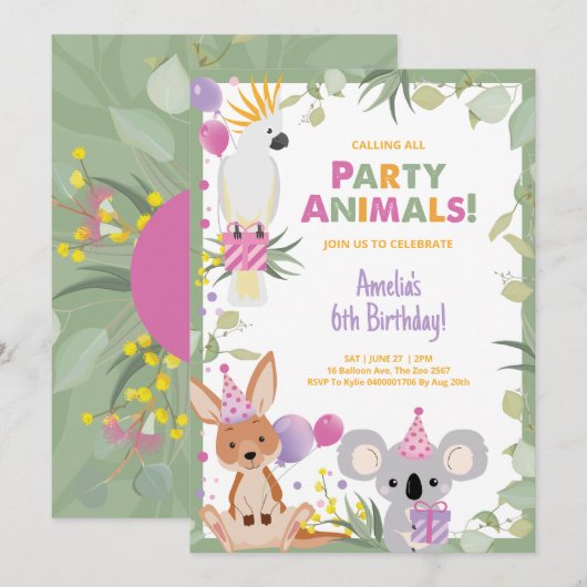 オーストラリアの動物たち 女の子の誕生日パーティー招待状 招待状 (正面/裏面)
