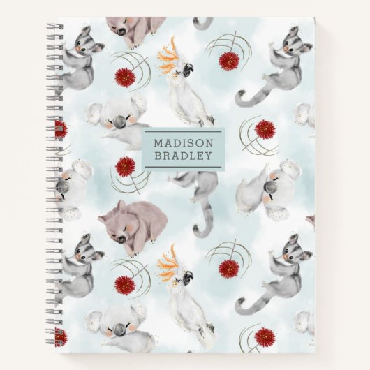 オーストラリアの動物のかわいいパーソナライズされた水色 ノートブック (正面)
