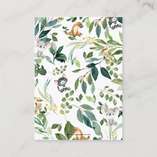 オーストラリアの動物の本で男の赤ちゃんシャワー エンクロージャーカード (裏面)