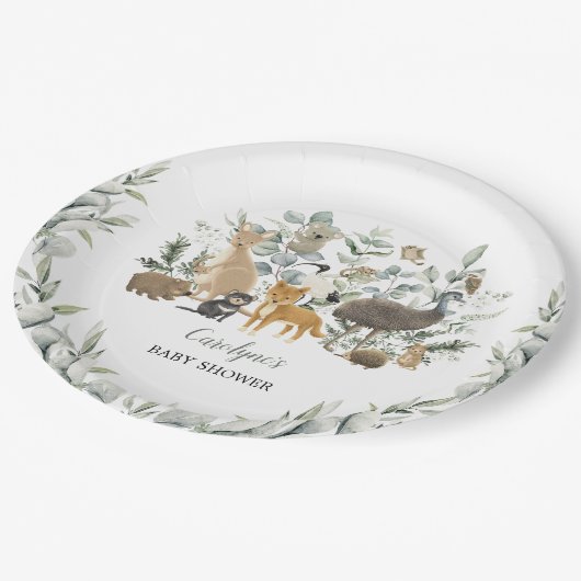 オーストラリアの動物の葉のユーカリの赤ちゃんシャワー ペーパープレート (アングル)