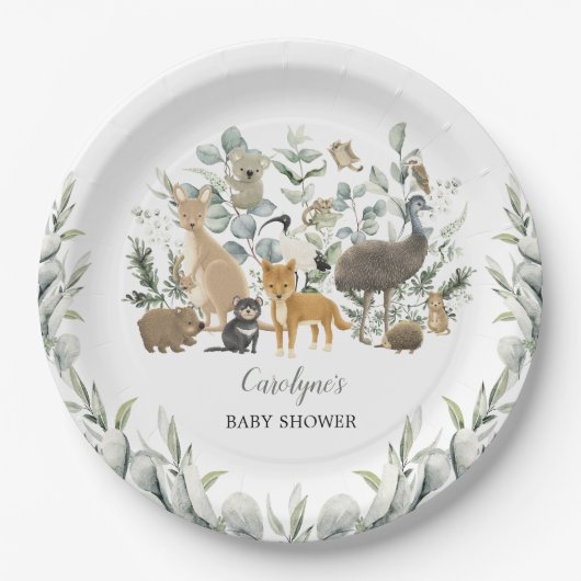 オーストラリアの動物の葉のユーカリの赤ちゃんシャワー ペーパープレート (正面)