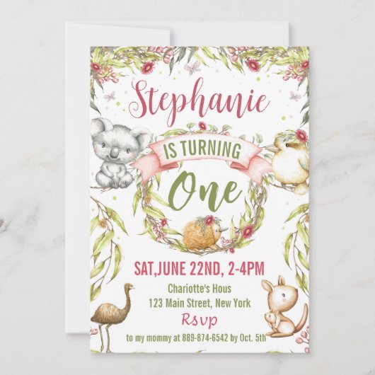 オーストラリアの動物の誕生日パーティーへの招待 招待状 (正面)