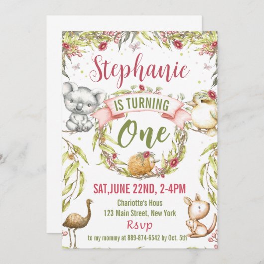 オーストラリアの動物の誕生日パーティーへの招待 招待状 (正面/裏面)