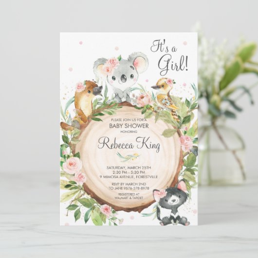 オーストラリアの動物コアラ・フローラ・ベビーシャワーガール 招待状 (スタンド正面)