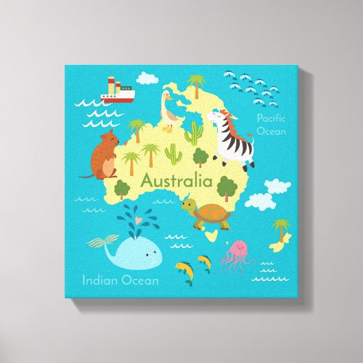 オーストラリアの動物世界地図子供へ キャンバスプリント (正面)