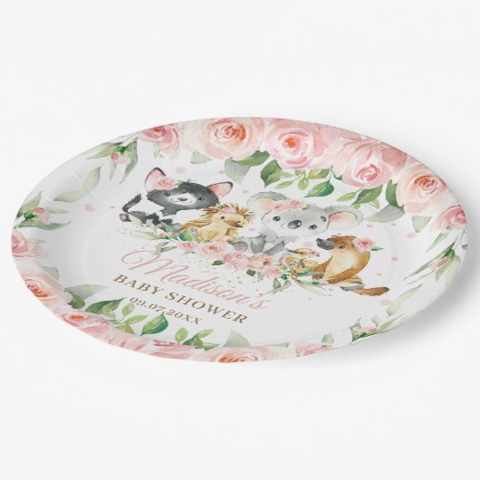 オーストラリアの動物、ピンクのフローラ少女のベビーシャワー   ペーパープレート (アングル)