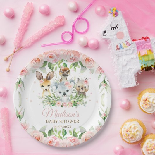 オーストラリアの動物、ピンクのフローラ少女のベビーシャワー ペーパープレート (パーティー)