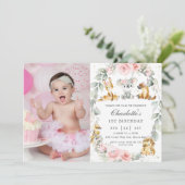 オーストラリアの動物 ピンクの花の誕生日写真 招待状 (スタンド正面)
