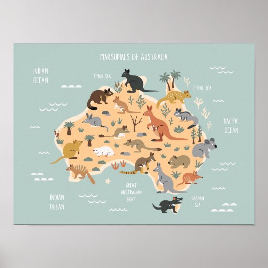 オーストラリアの有袋類の子供向け地図 ポスター (正面)