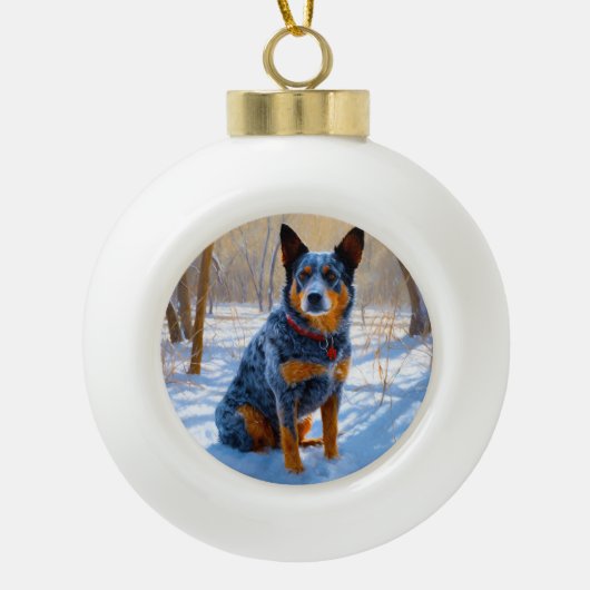 オーストラリアの牛が雪のクリスマスを過ごす セラミックボールオーナメント (正面)