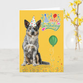 オーストラリアの牛の犬のパーティーハット誕生日 カード (黄色い花)