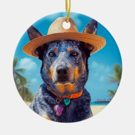 オーストラリアの牛オンビーチ、愛犬家の夏の贈り物 セラミックオーナメント (正面)