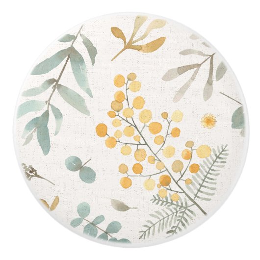 オーストラリアの編み枝細工およびユーカリの水彩画の花柄 セラミックノブ (正面)