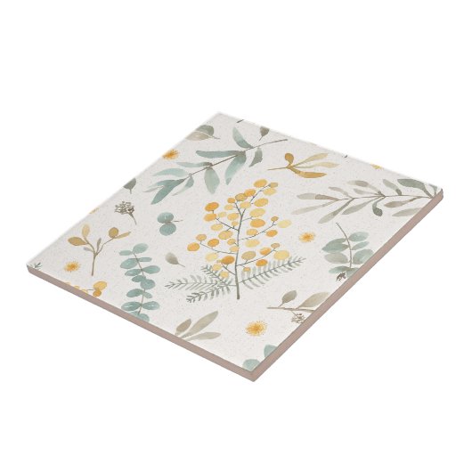 オーストラリアの編み枝細工およびユーカリの水彩画の花柄 タイル (側面)