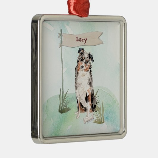 オーストラリアの羊飼いが新しい犬におめでとう メタルオーナメント (右)
