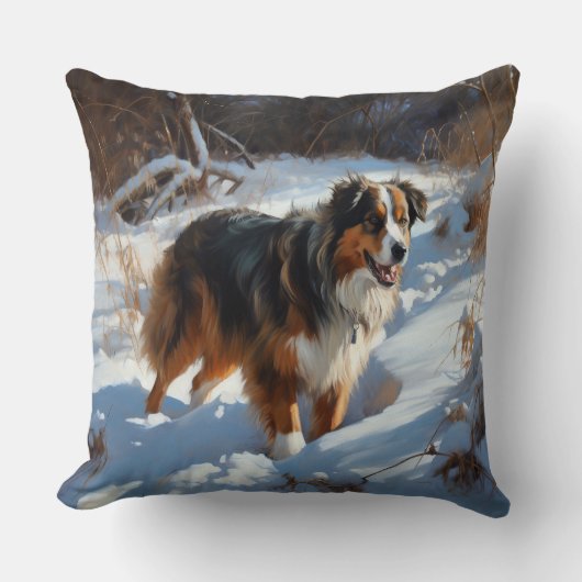 オーストラリアの羊飼いが雪のクリスマスを過ごす クッション (正面)