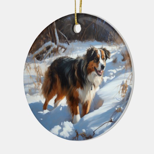 オーストラリアの羊飼いが雪のクリスマスを過ごす セラミックオーナメント (左)