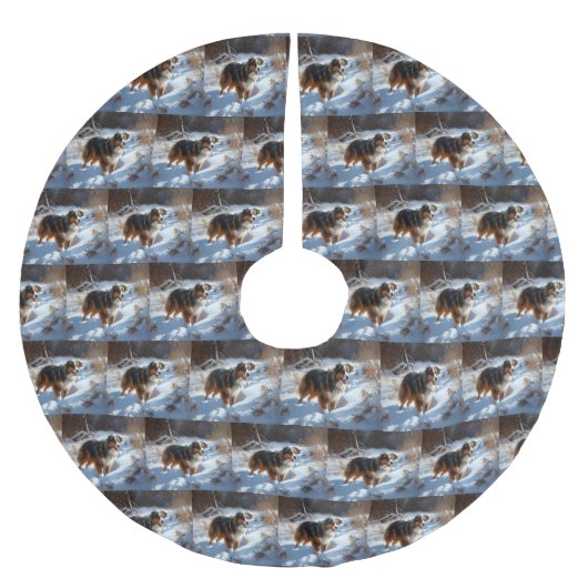 オーストラリアの羊飼いが雪のクリスマスを過ごす ブラッシュドポリエステルツリースカート (正面)