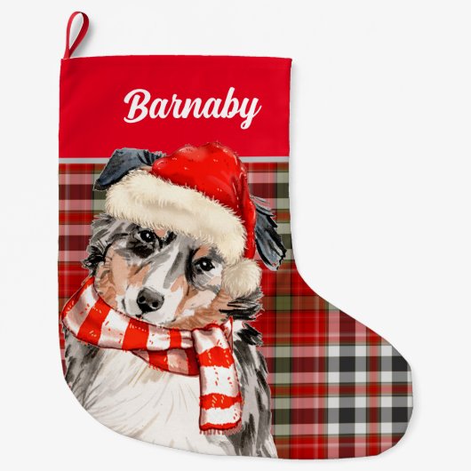 オーストラリアの羊飼いと犬の名前の赤い格子 ラージクリスマスストッキング (正面)
