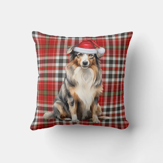 オーストラリアの羊飼いと赤い格子模様のクリスマスドッグ クッション (裏面)