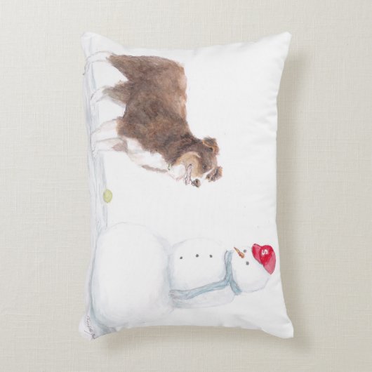 オーストラリアの羊飼いと雪だるまの犬用アート枕 アクセントクッション (正面(垂直))