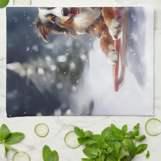 オーストラリアの羊飼いのクリスマス雪の冬 キッチンタオル (折り畳み)