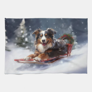 オーストラリアの羊飼いのクリスマス雪の冬 キッチンタオル