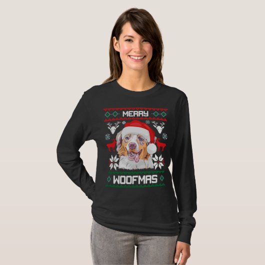 オーストラリアの羊飼いのメリーなWoofmasのクリスマス Tシャツ (正面フル)