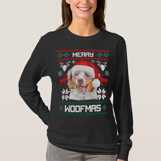 オーストラリアの羊飼いのメリーなWoofmasのクリスマス Tシャツ (正面)