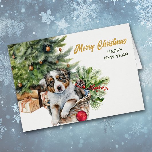 オーストラリアの羊飼いの子犬の籐バスケットクリスマス