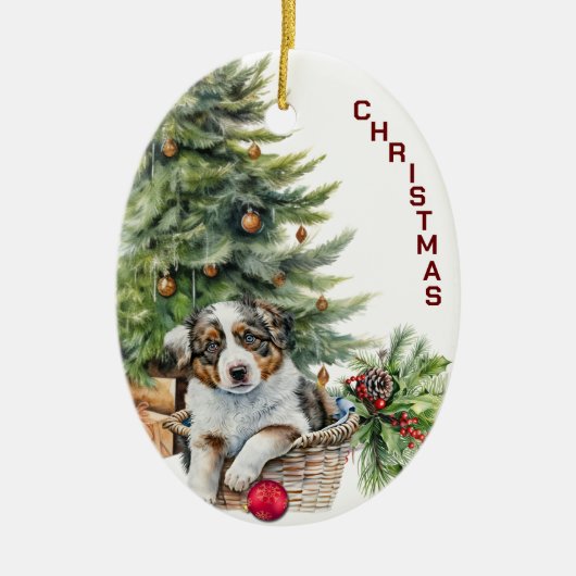 オーストラリアの羊飼いの子犬の籐バスケットクリスマス セラミックオーナメント (正面)