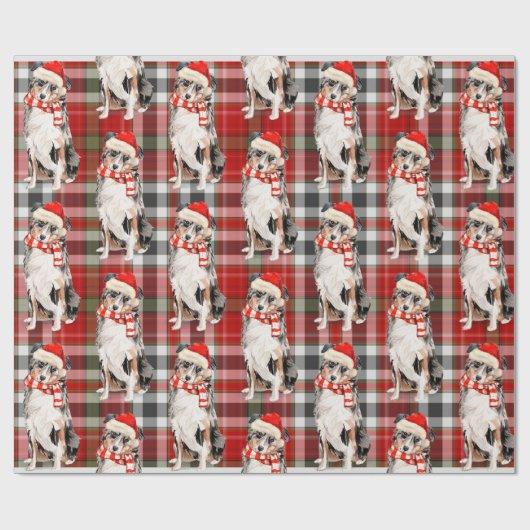 オーストラリアの羊飼いの犬と格子模様のクリスマス ラッピングペーパー (フラット)