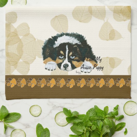 オーストラリアの羊飼いの黒の三子犬の~Tan葉 キッチンタオル (折り畳み)